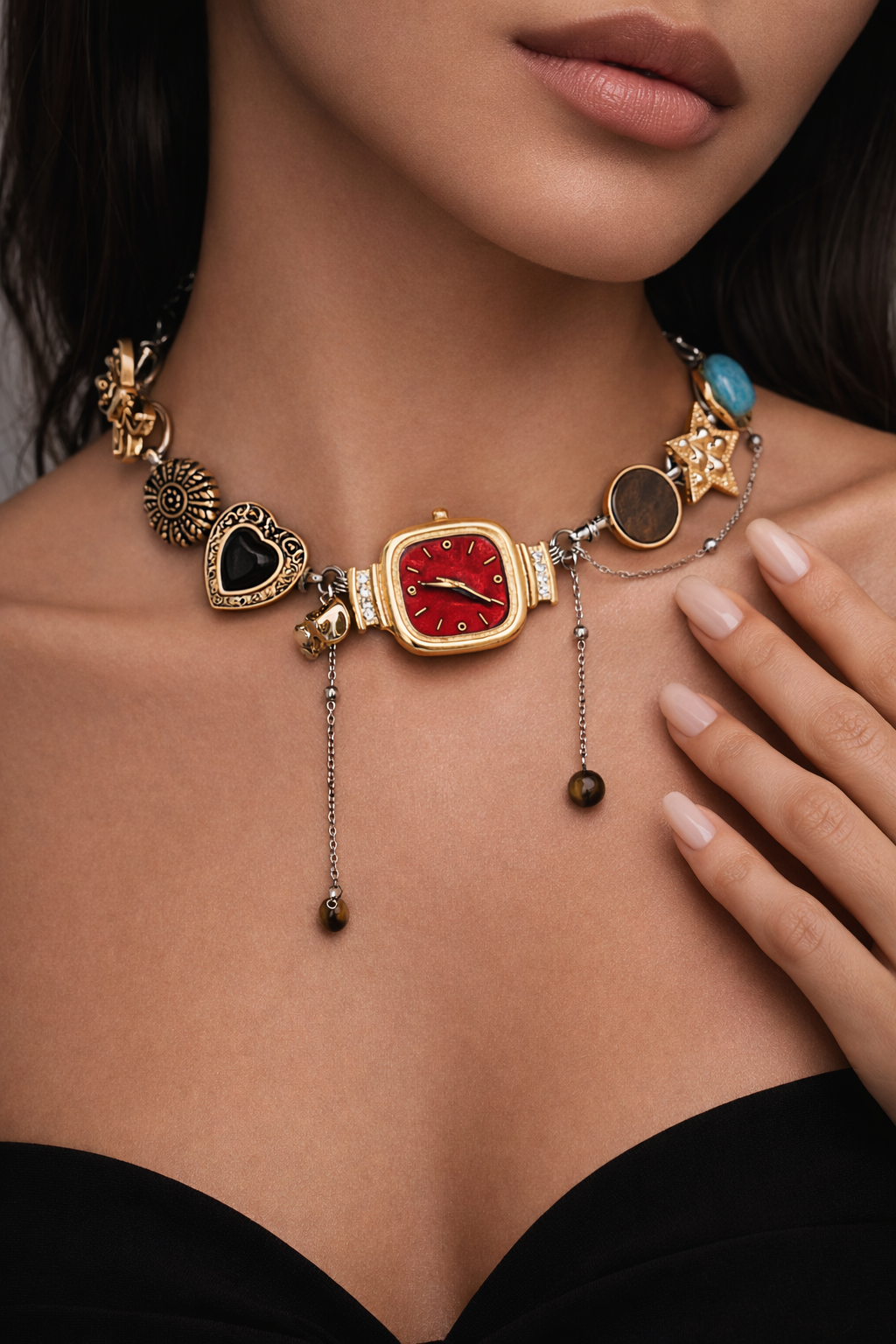 Boho black vintage whimsical choker necklace with square watch pendant featuring black or red dial, by CloudRaspberry Studio.
