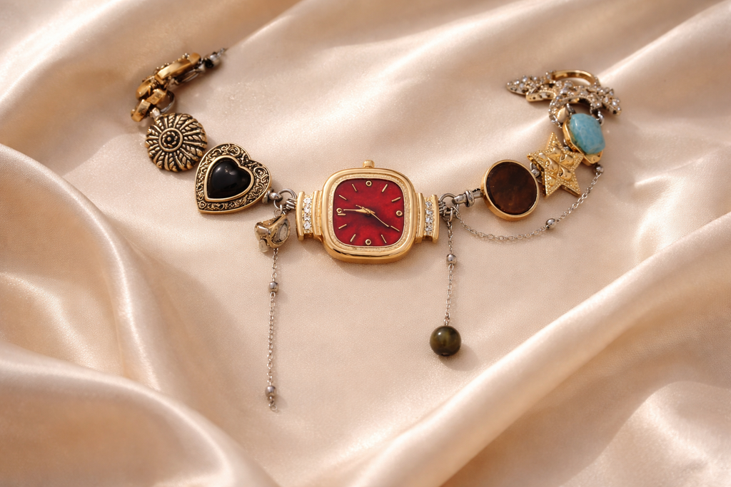 Boho black vintage whimsical watch choker necklace with square watch pendant featuring black or red dial, by CloudRaspberry Studio.