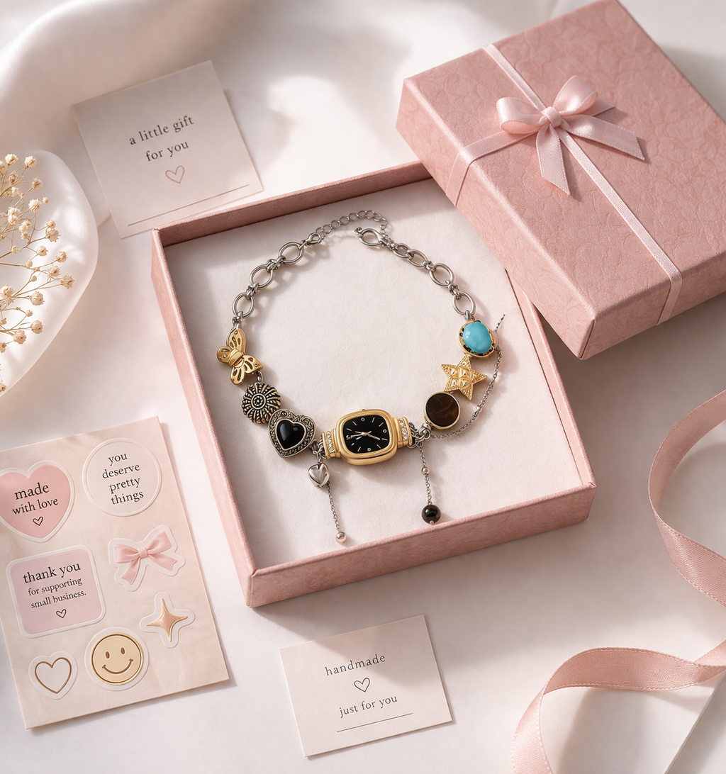 Boho black vintage whimsical watch choker necklace with square pendant and black or red dial, from CloudRaspberry Studio.