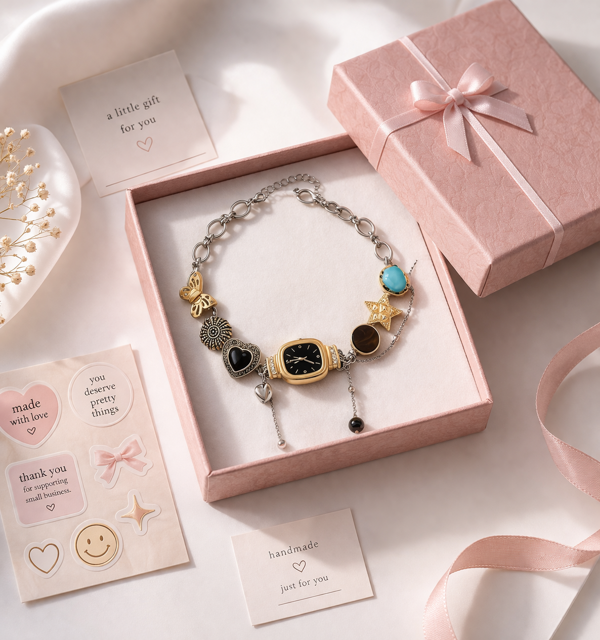 Boho black vintage whimsical watch choker necklace with square pendant and black or red dial, from CloudRaspberry Studio.