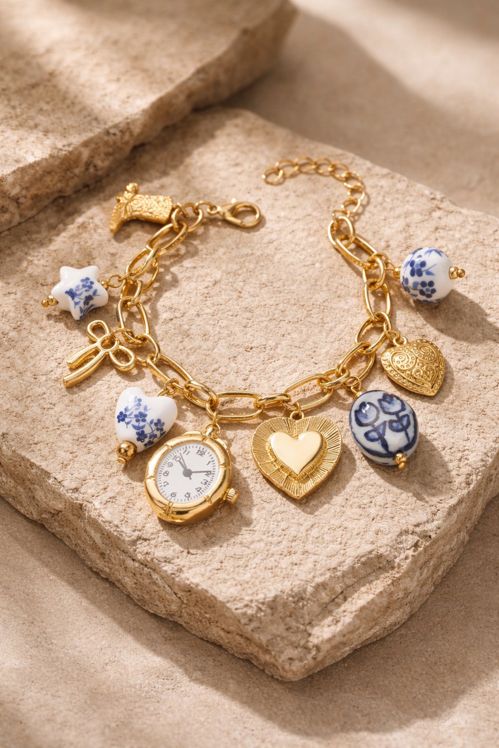 Blue ceramic faux watch charm necklace and bracelet set by CloudRaspberry Studio, featuring gold porcelain accents.
