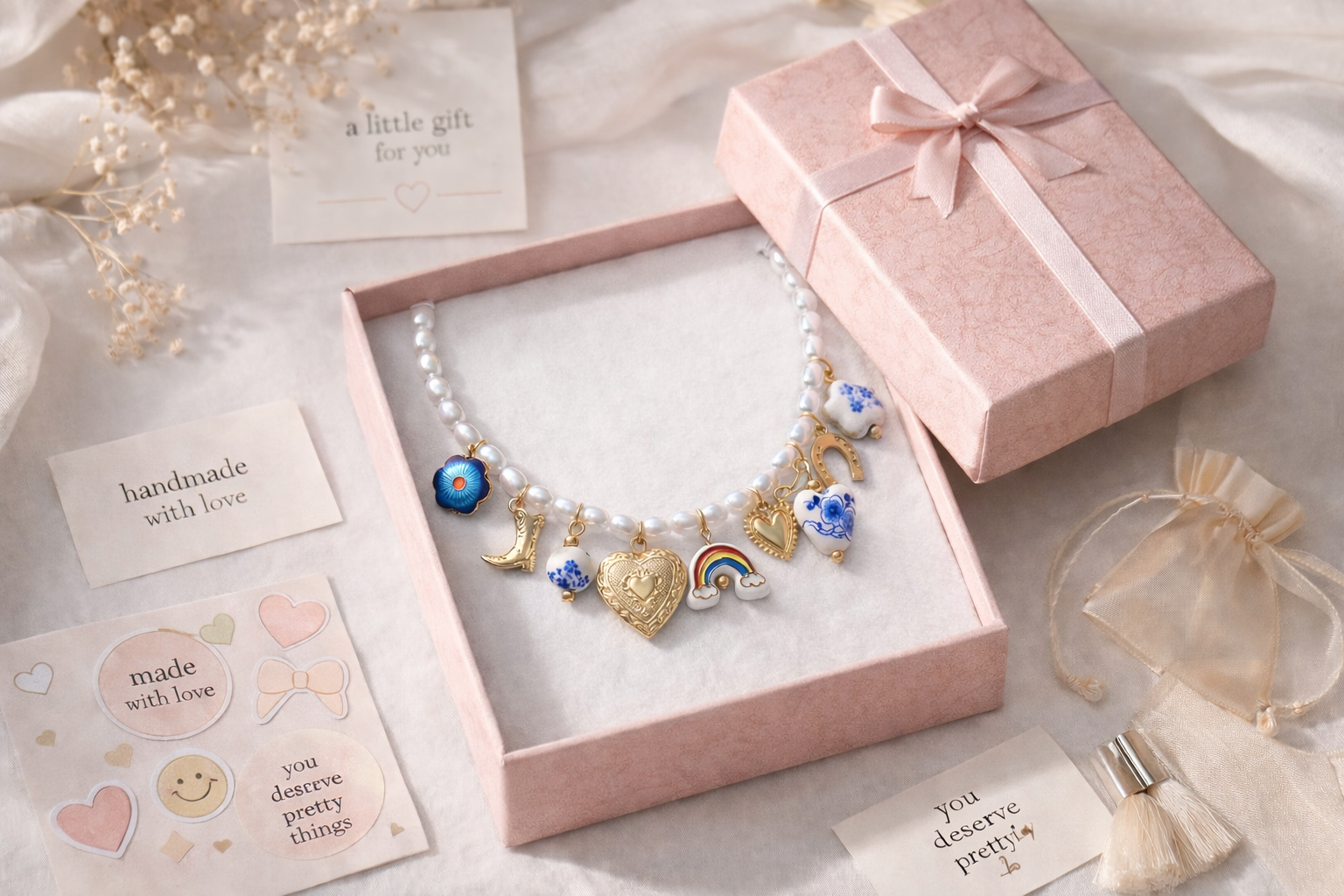 Blue floral boho pearl and ceramic charm necklace from CloudRaspberry Studio, featuring cowboy charms for a stylish bohemian look