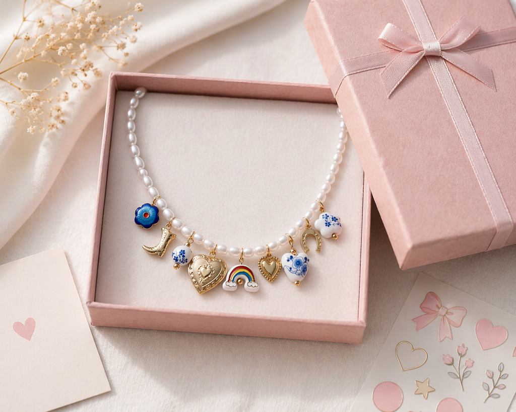 Blue boho pearl and ceramic charm necklace by CloudRaspberry Studio featuring floral cowboy charms, designed for a stylish, casual look