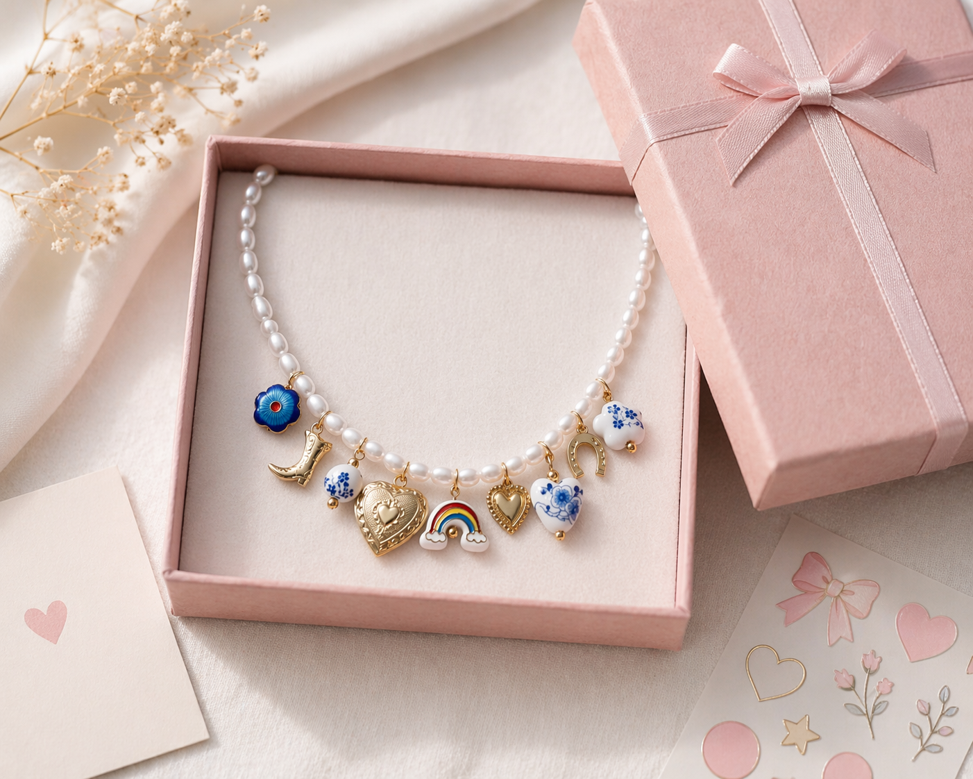 Blue boho pearl and ceramic charm necklace by CloudRaspberry Studio featuring floral cowboy charms, designed for a stylish, casual look