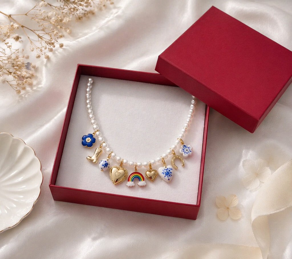 Boho pearl and ceramic charm necklace featuring blue floral cowboy charms by CloudRaspberry Studio, styled with beads and decorative charms.