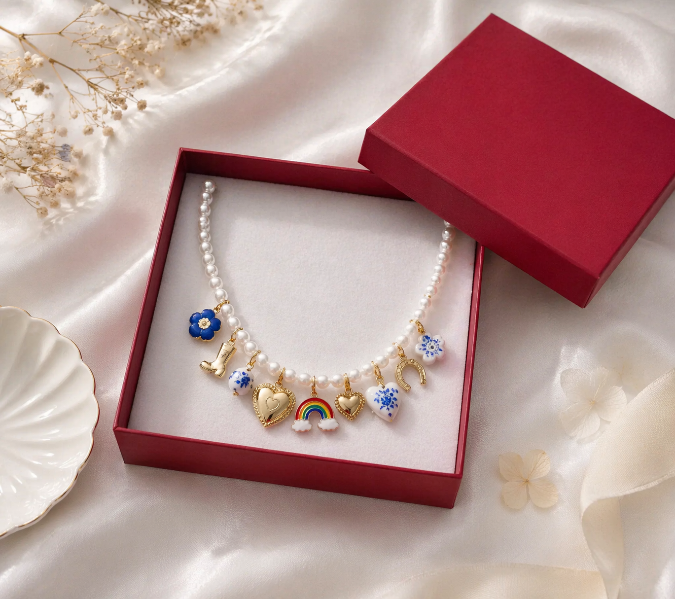 Boho pearl and ceramic charm necklace featuring blue floral cowboy charms by CloudRaspberry Studio, styled with beads and decorative charms.