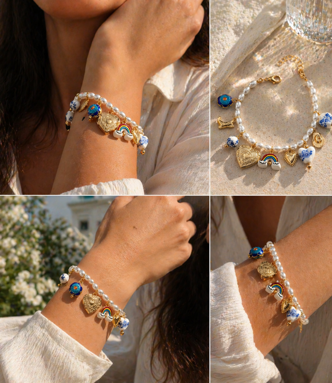 Blue boho pearl and ceramic charm necklace with floral cowboy charms from CloudRaspberry Studio, styled with colorful beads.