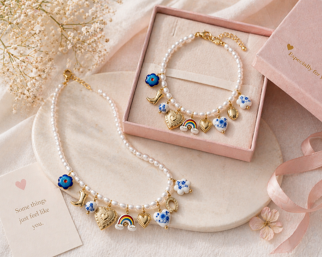 Blue floral boho pearl and ceramic charm necklace from CloudRaspberry Studio, featuring cowboy charms, styled with matching bracelet.