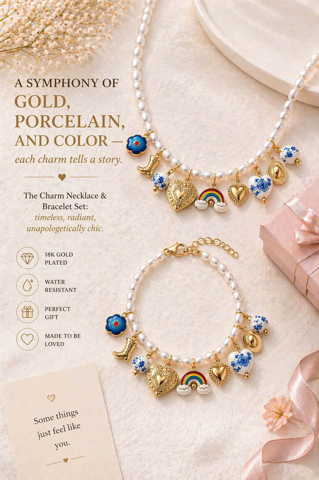 Blue boho pearl and ceramic charm necklace from CloudRaspberry Studio featuring floral and cowboy charms, styled with matching bracelet.