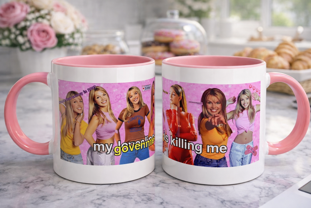 Y2K Britney collage accent coffee mug with "My Government is killing me" slogan, featuring vibrant 90s-inspired design.