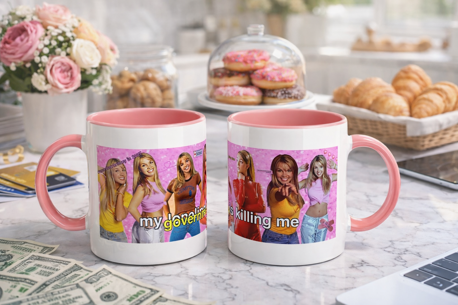 Y2K Britney collage accent coffee mug with "My Government is killing me" slogan, featuring vibrant, nostalgic pop culture design.