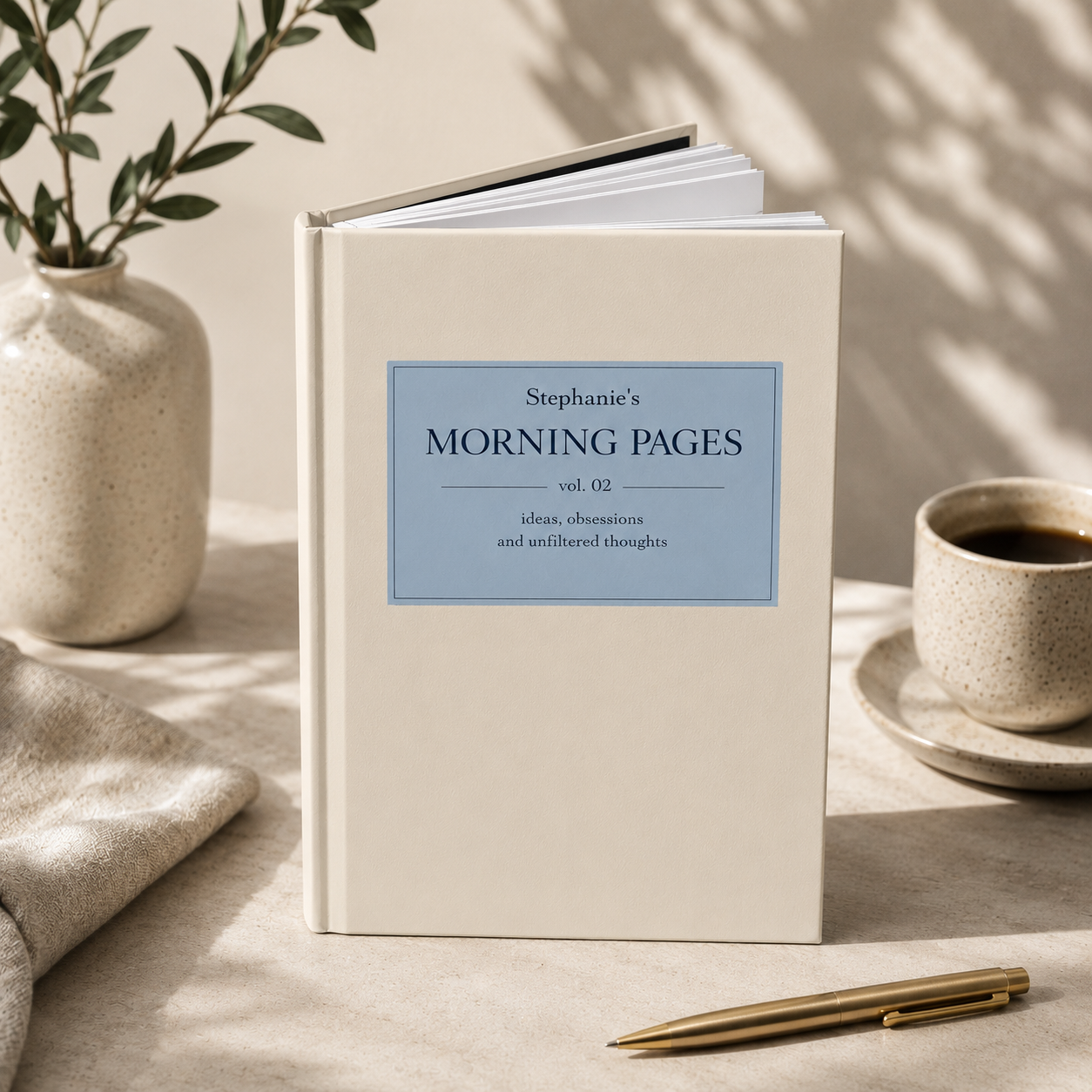 Custom hardcover Morning Pages journal by Printify, minimalist design with personalized pages for guided reflection and writing.