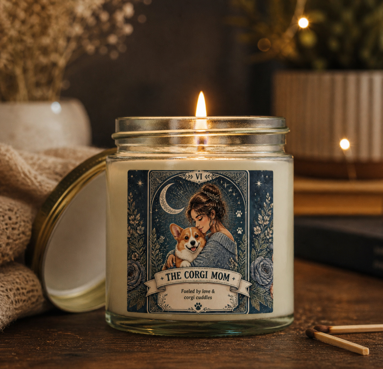 Personalized 'Tarot The Corgi Mom' scented candle with coconut apricot wax, featuring custom label and decorative design.