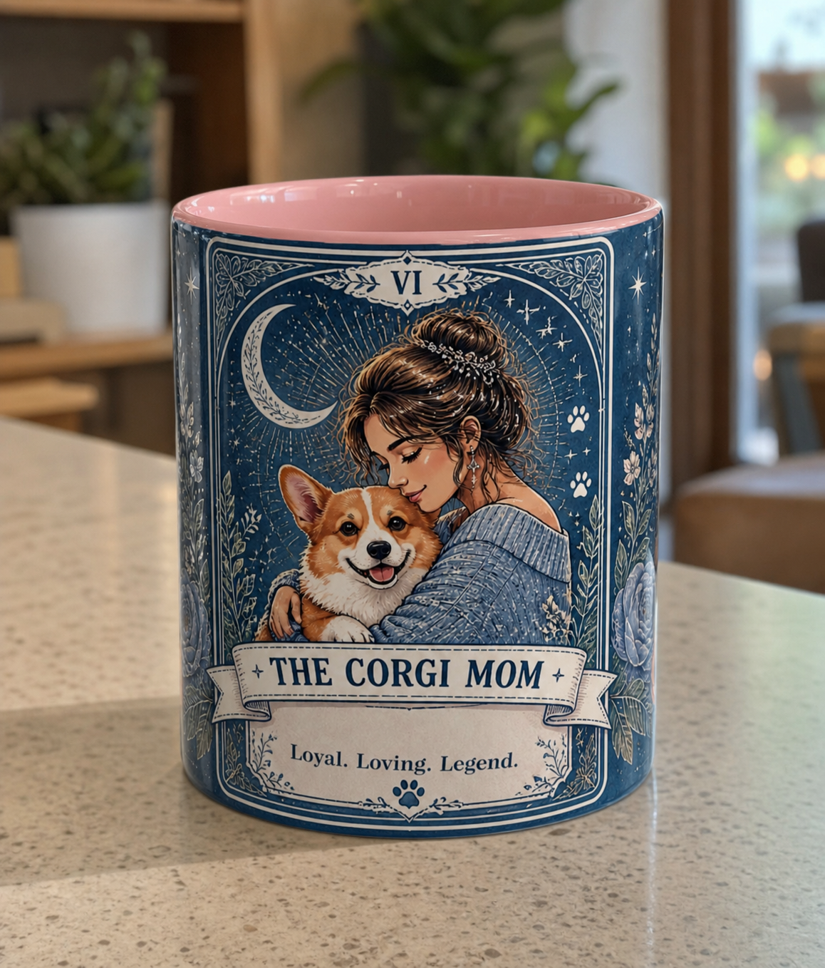 Personalized 'The Corgi Mom' tarot card coffee mug with dog illustration, custom dog mom gift, Printify product, ceramic mug.