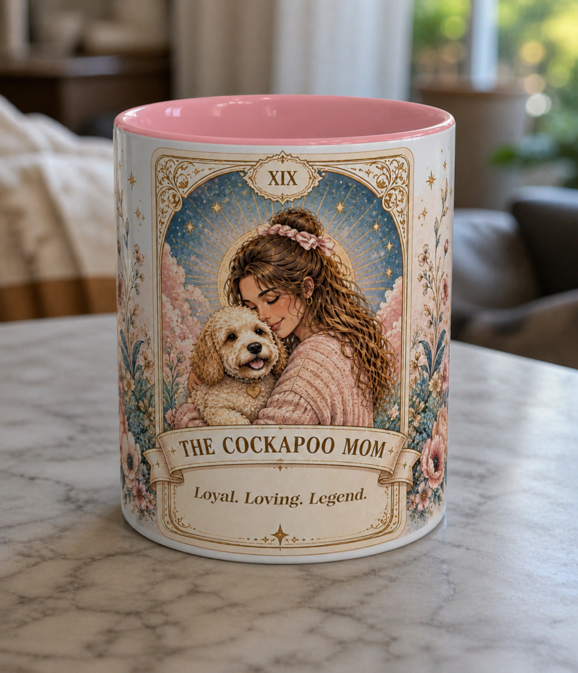 Custom floral tarot-style dog mom coffee mug featuring personalized text "The Cockapoo Mom" in 11oz or 15oz size.