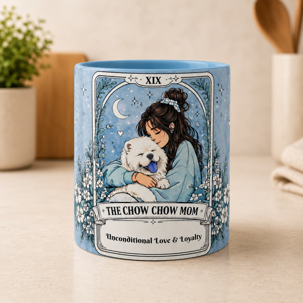 Personalized Chow Chow Mom tarot card mug with custom name, featuring a cute Chow Chow dog design for dog lovers and dog moms.