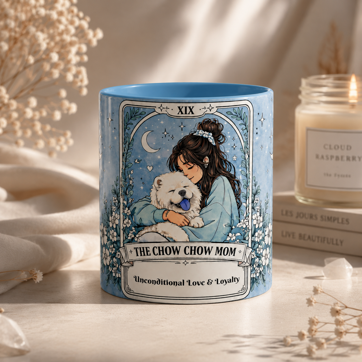 Custom Chow Chow Mom tarot card mug featuring a personalized name, perfect for dog lovers and Chow Chow enthusiasts.