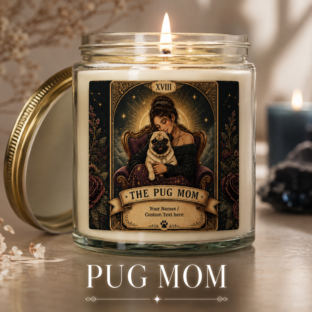 Scented candle labeled 'The Pug Mom' with coconut apricot fragrance, 4oz or 9oz size, featuring a custom print design.