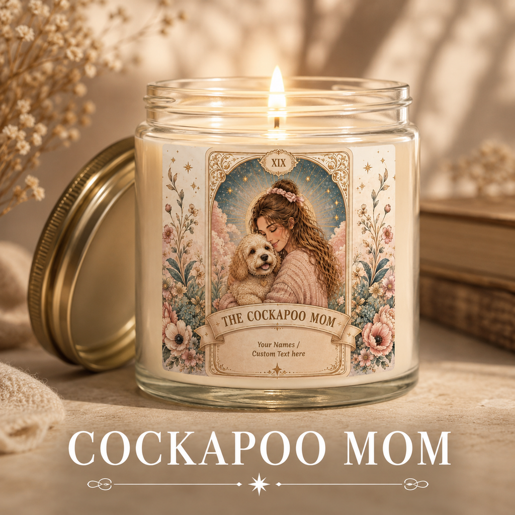 Personalized Tarot 'The Cockapoo Mom' scented candle with coconut apricot scent, 4oz or 9oz, custom printed by Printify