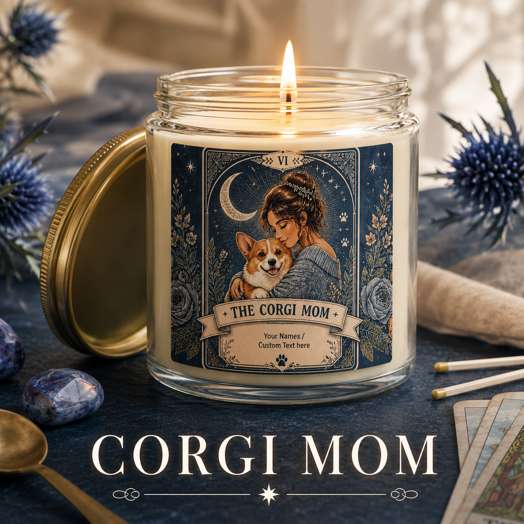 Personalized 'Tarot The Corgi Mom' scented candle with coconut apricot wax, custom product featuring a decorative label and candle flame.