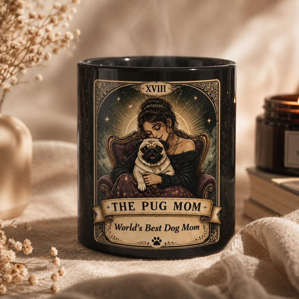 Personalized 'The Pug Mom' vintage tarot-style black coffee mug with custom text, featuring a pug illustration and unique design.