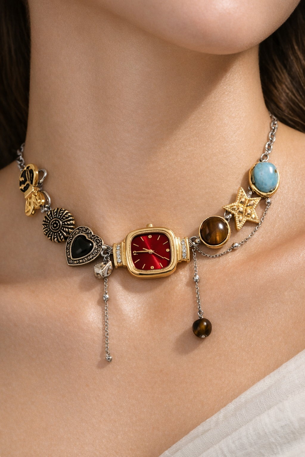 Boho black vintage whimsical watch choker necklace with square pendant and black or red dial from CloudRaspberry Studio