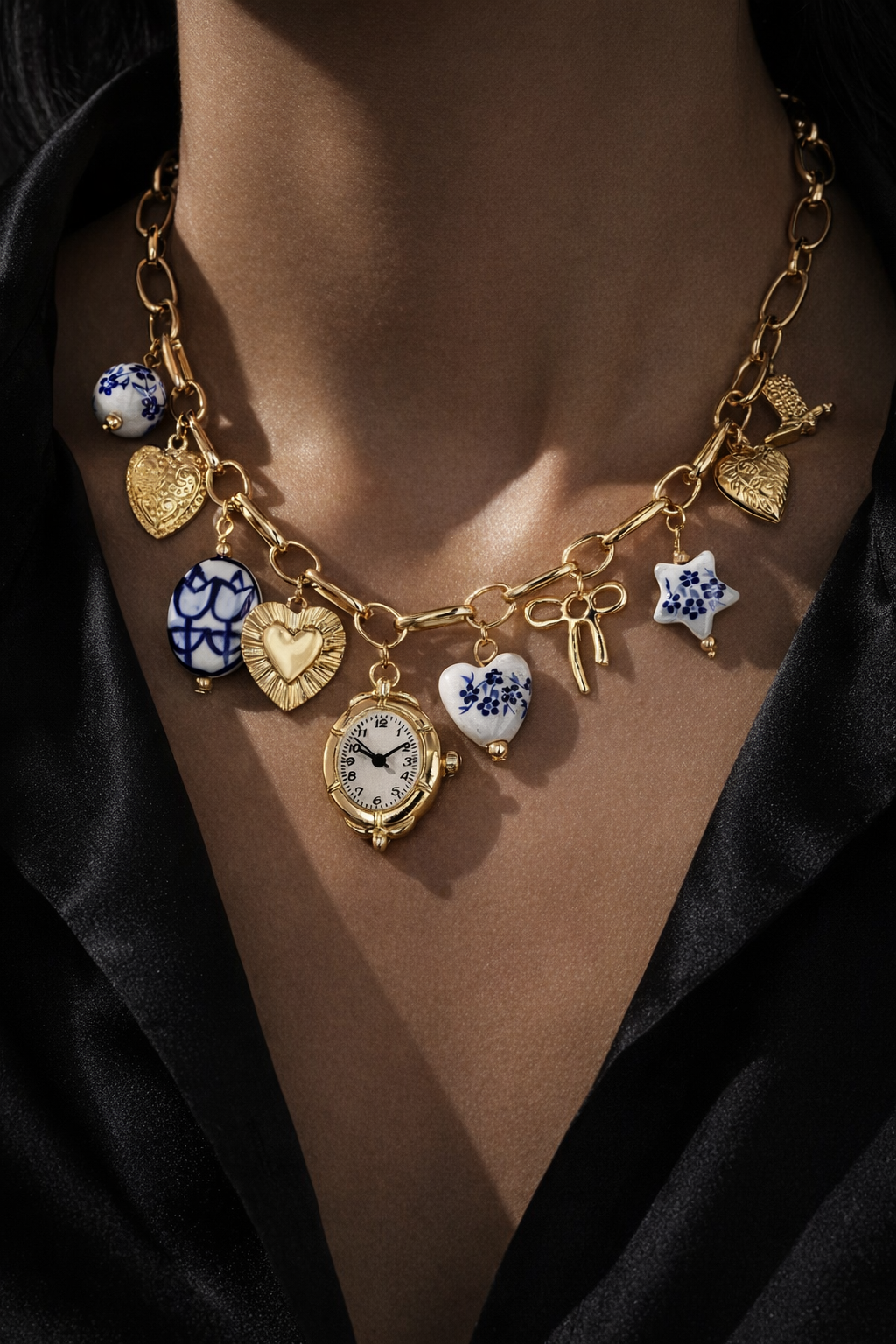 Blue ceramic faux watch charm necklace and bracelet set by CloudRaspberry Studio, featuring gold porcelain accents and adjustable jewelry components.