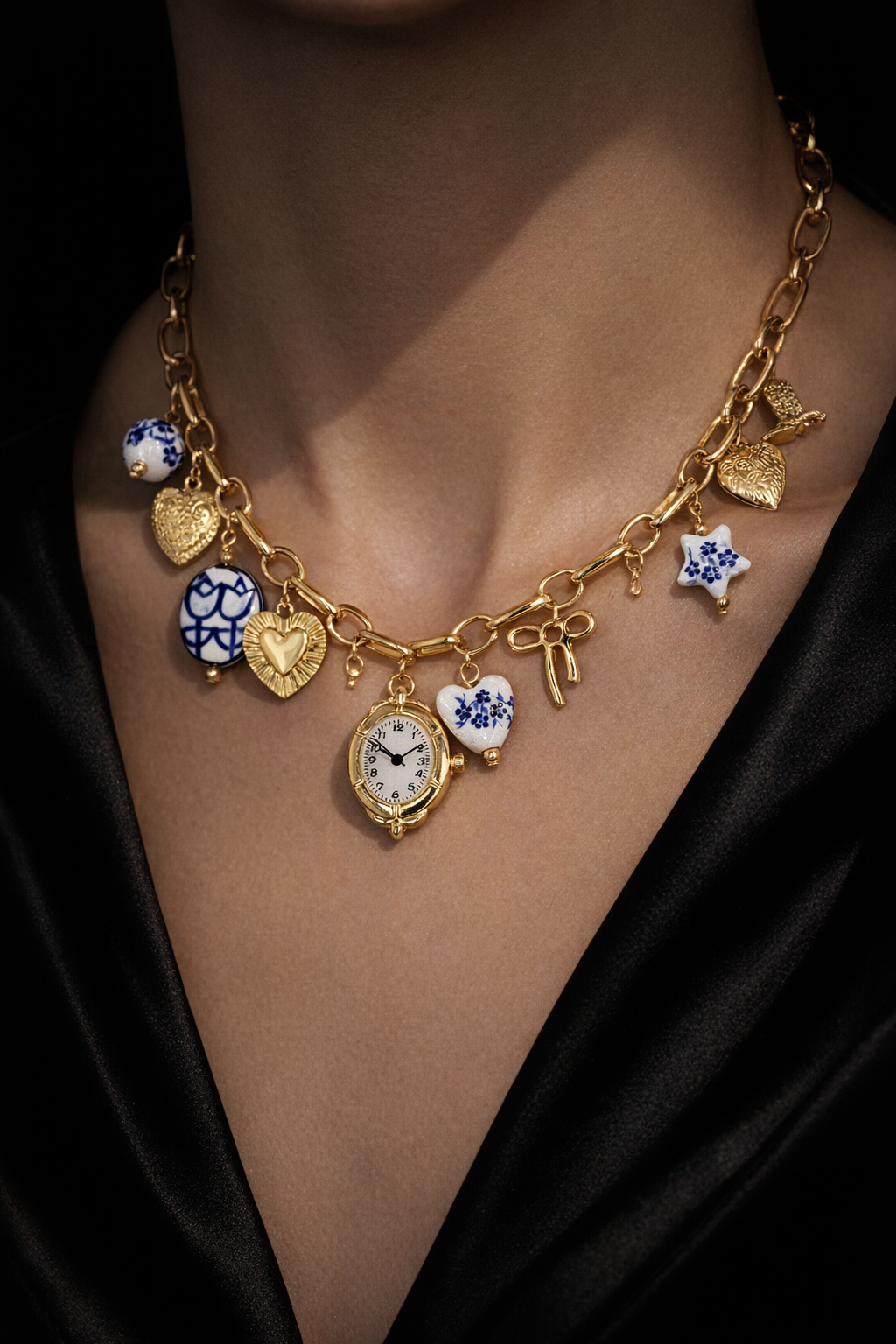 Blue ceramic faux watch charm necklace and bracelet set by CloudRaspberry Studio featuring gold porcelain accents and elegant design.