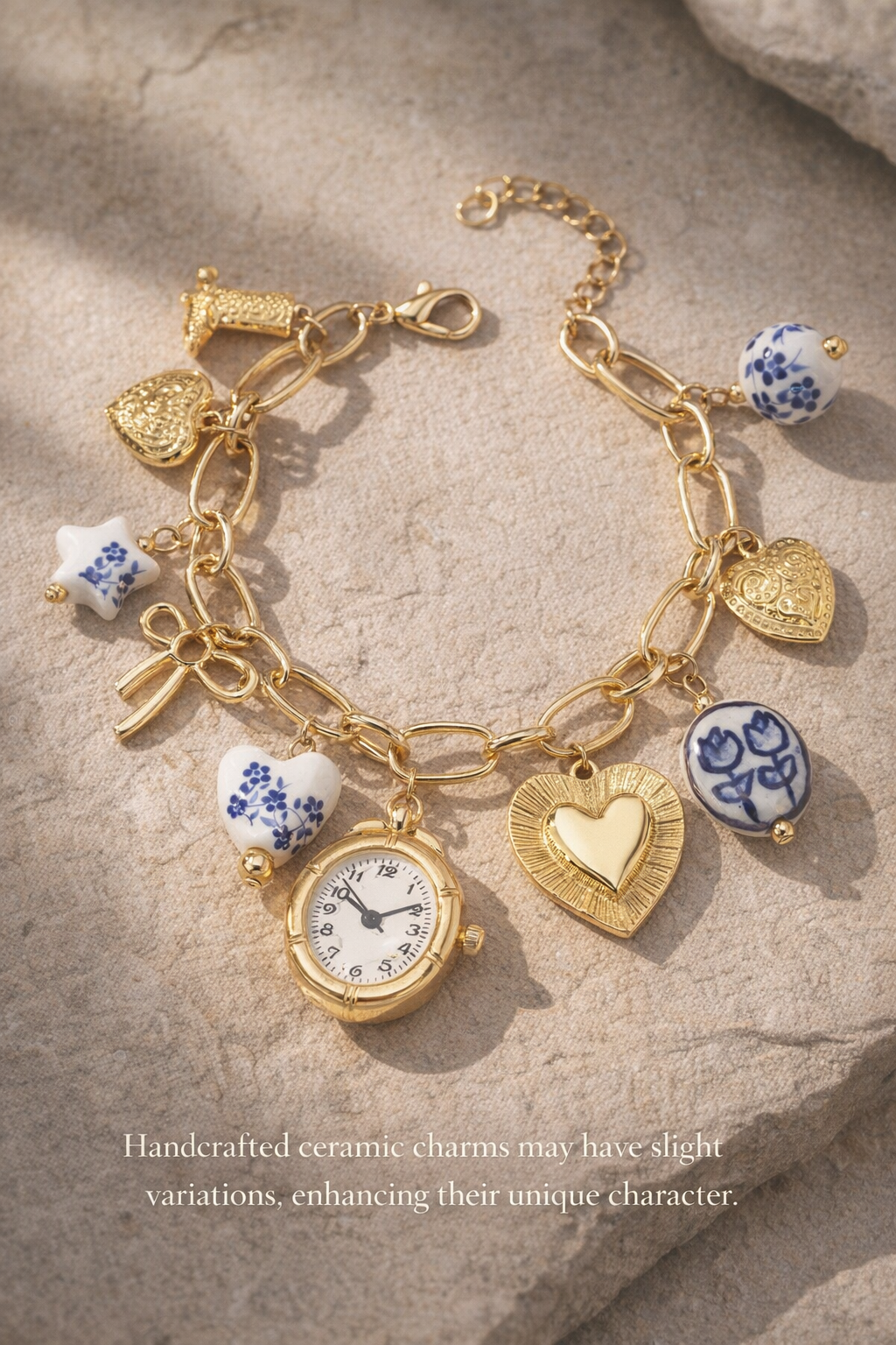 Blue ceramic faux watch charm necklace and bracelet set by CloudRaspberry Studio, featuring gold porcelain accents.
