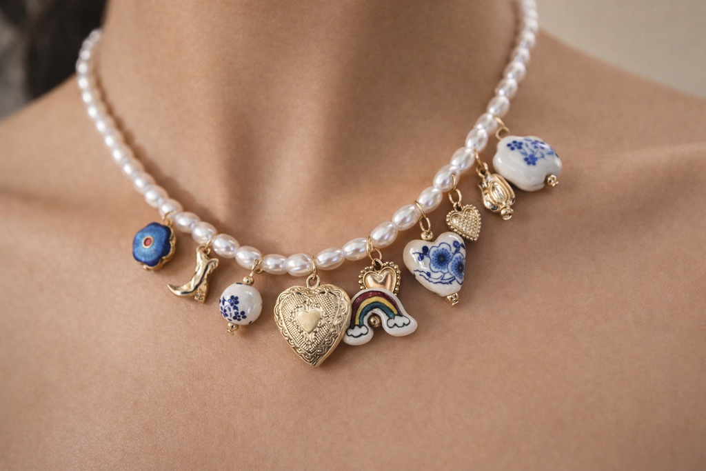 Blue floral boho pearl and ceramic charm necklace by CloudRaspberry Studio, featuring cowboy charms, shown on a model.