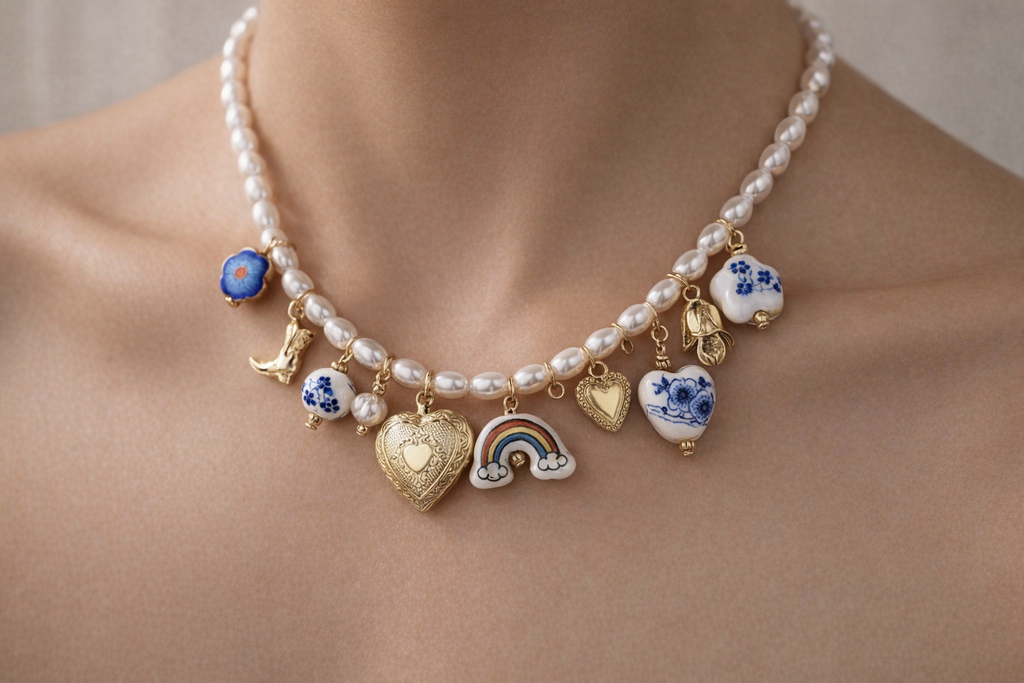 Blue floral boho pearl and ceramic charm necklace by CloudRaspberry Studio, featuring cowboy charms, displayed on a neutral background.