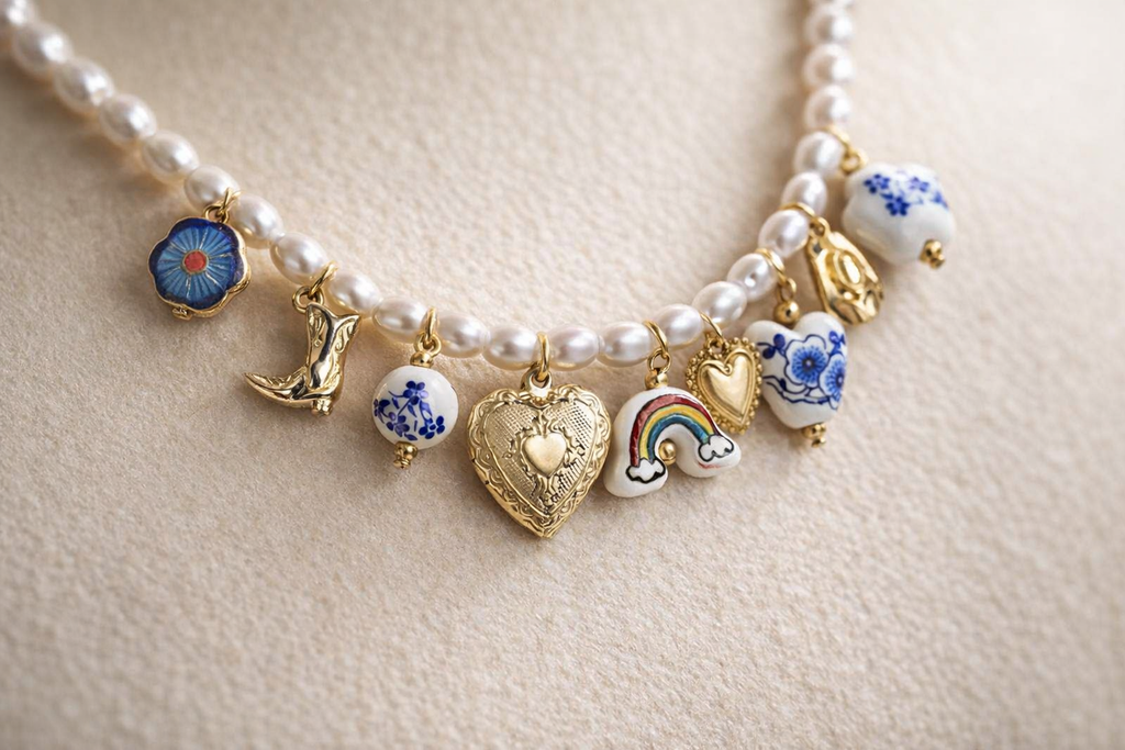Blue boho pearl and ceramic charm necklace by CloudRaspberry Studio with floral cowboy charms, also available as a bracelet.