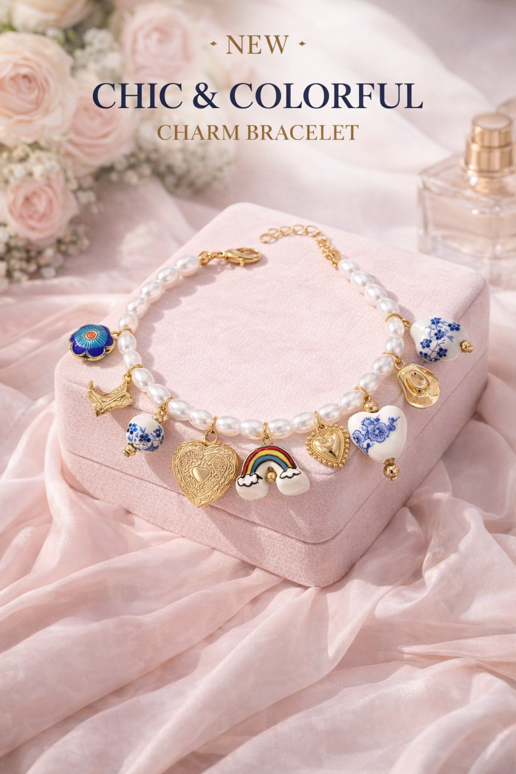 Boho pearl and ceramic charm necklace featuring blue floral cowboy charms by CloudRaspberry Studio, styled with matching bracelet.