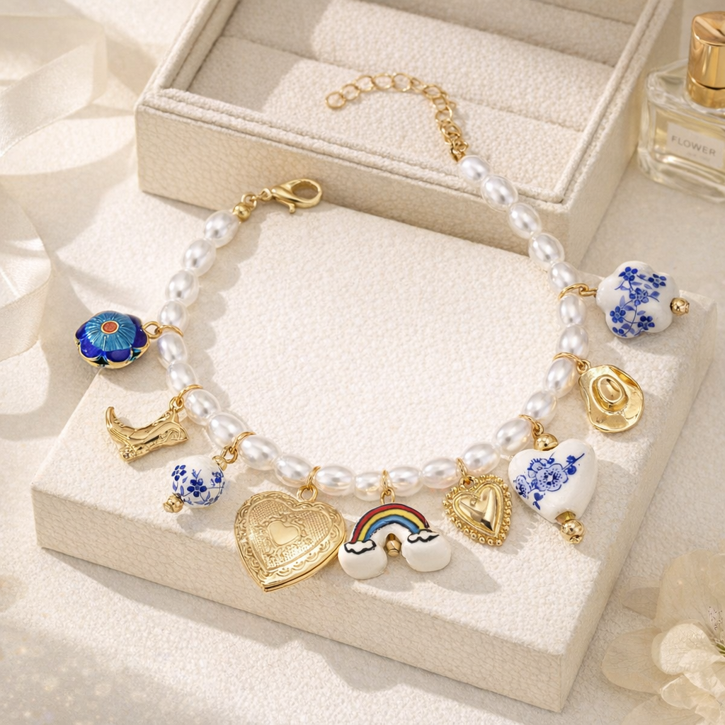 Blue floral boho pearl and ceramic charm necklace by CloudRaspberry Studio, featuring cowboy charms, displayed on a neutral background.