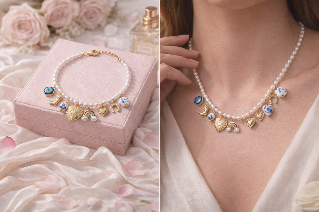 Blue floral cowboy charm necklace by CloudRaspberry Studio featuring boho pearl and ceramic charms.