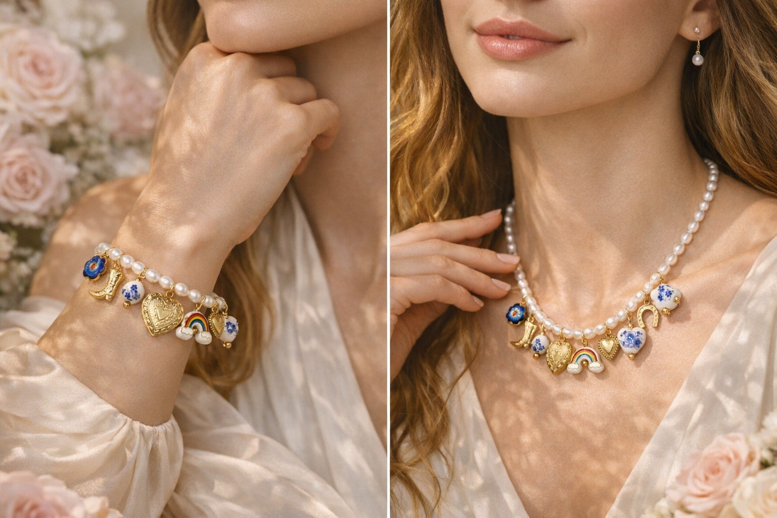 Blue floral cowboy charms necklace and bracelet set with boho pearl and ceramic charms by CloudRaspberry Studio.