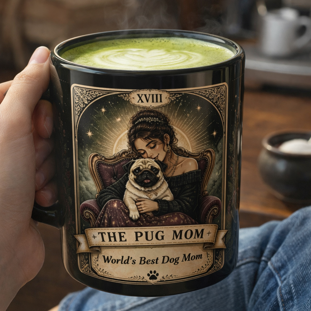 Personalized 'The Pug Mom' vintage tarot-style black coffee mug with custom text for pug dog lovers.