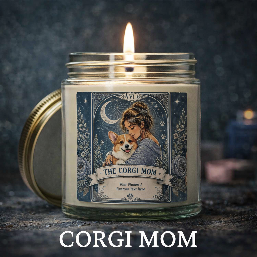 Personalized Corgi Mom scented candle with coconut apricot wax, custom label featuring tarot-themed design.
