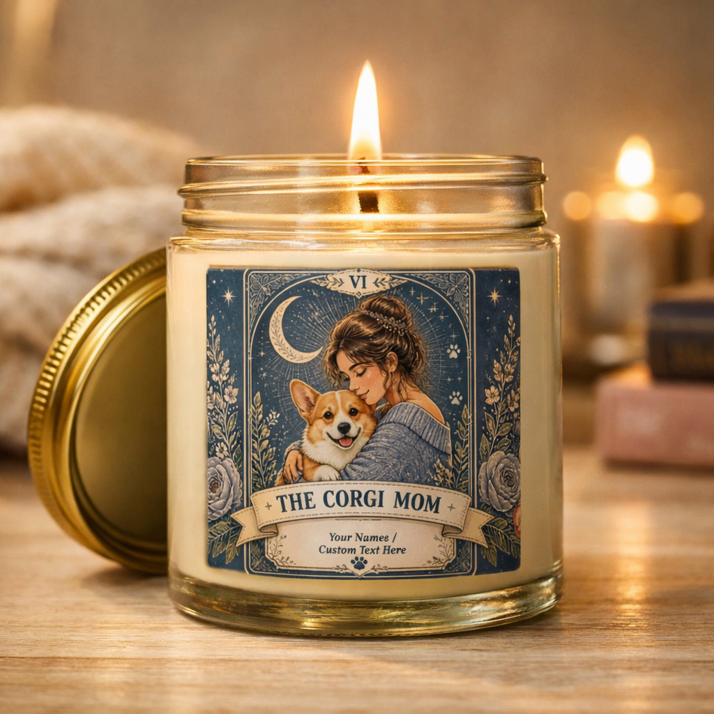 Personalized Corgi Mom scented candle with coconut apricot wax, custom label featuring tarot-themed design