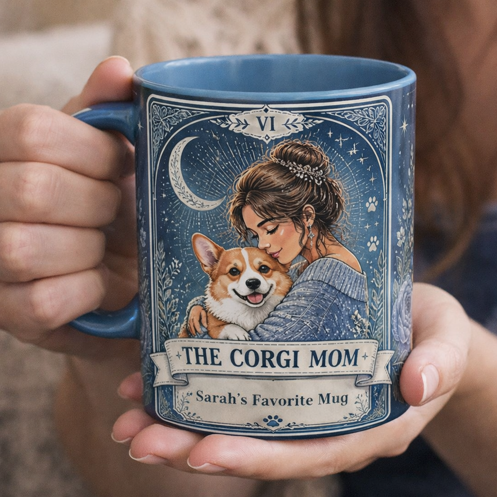 Personalized "The Corgi Mom" tarot card coffee mug with custom dog mom design and colorful artwork on a white ceramic mug.