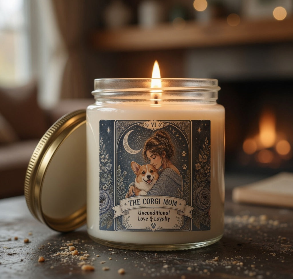 Personalized 'Tarot The Corgi Mom' scented candle with coconut apricot wax, featuring custom printed label and natural wax finish.