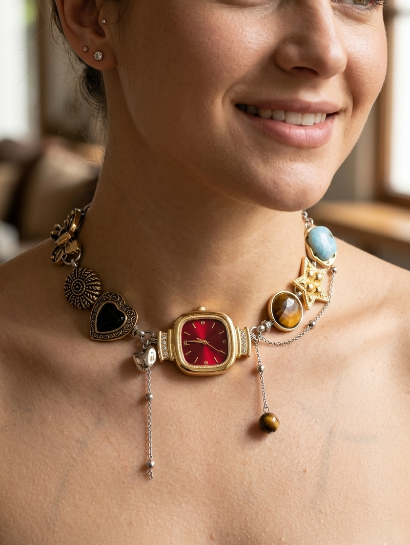 Boho black vintage whimsical watch choker necklace with square pendant and black or red dial, by CloudRaspberry Studio.