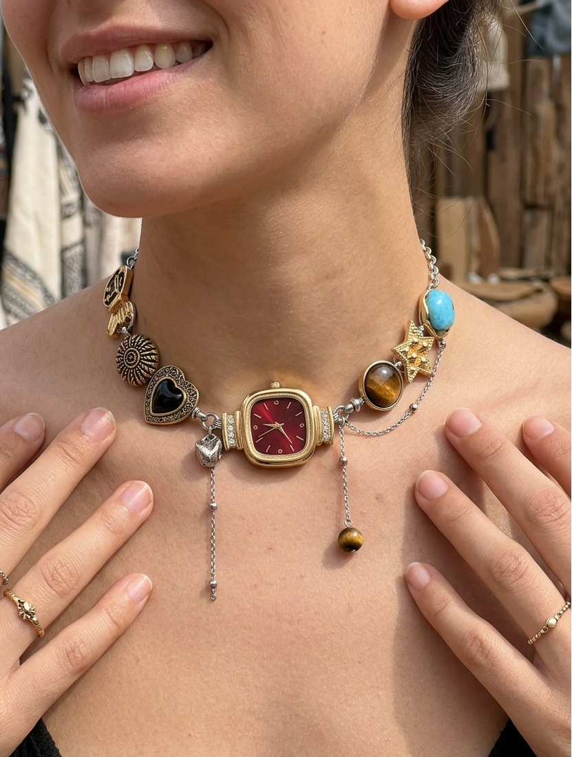 Boho black vintage whimsical watch choker necklace with square pendant, featuring a black or red dial, by CloudRaspberry Studio.
