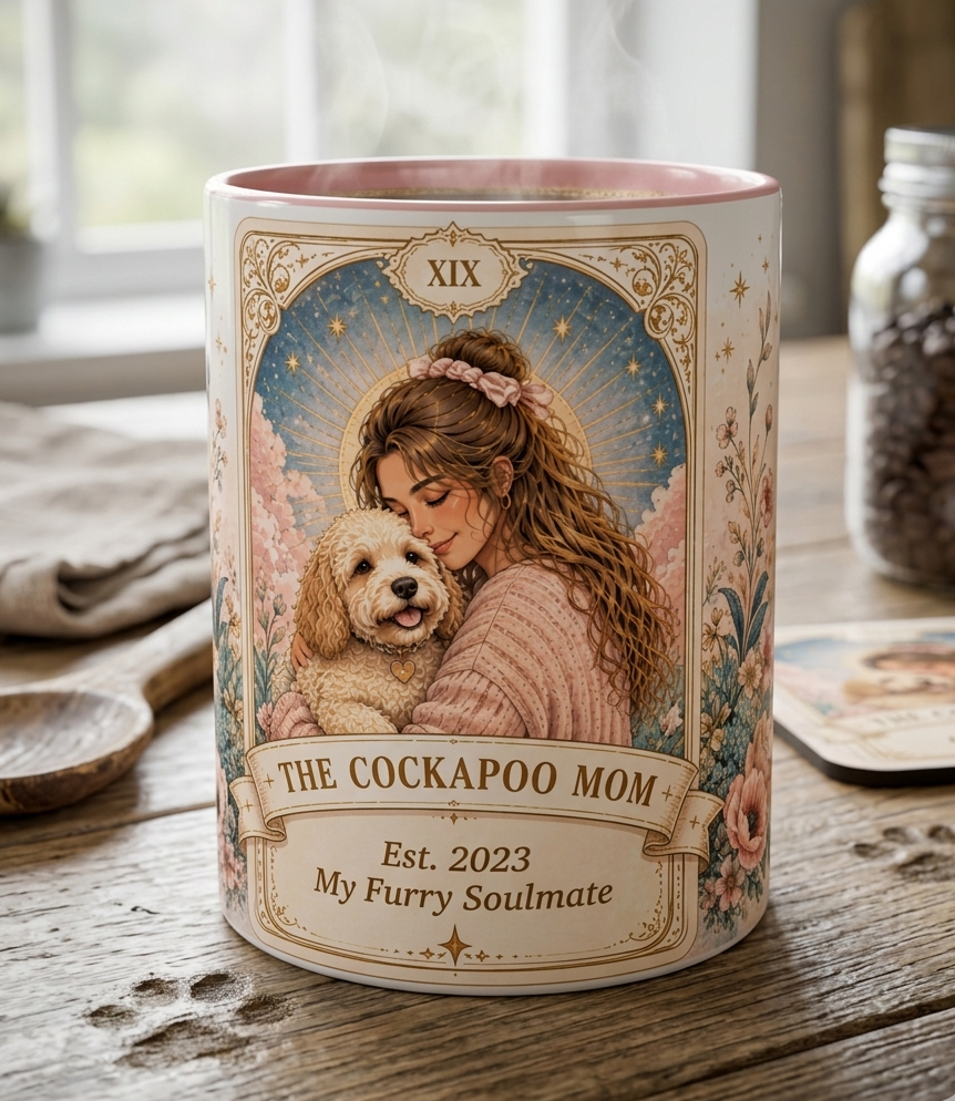 Personalized 'The Cockapoo Mom' custom floral tarot-style dog mom coffee mug with pet illustration and personalized text.