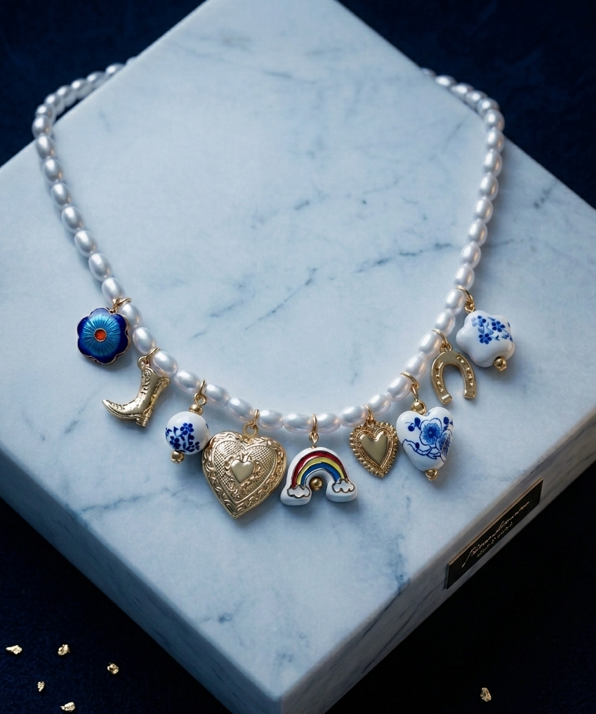 Blue boho pearl and ceramic charm necklace from CloudRaspberry Studio featuring floral and cowboy-themed charms.