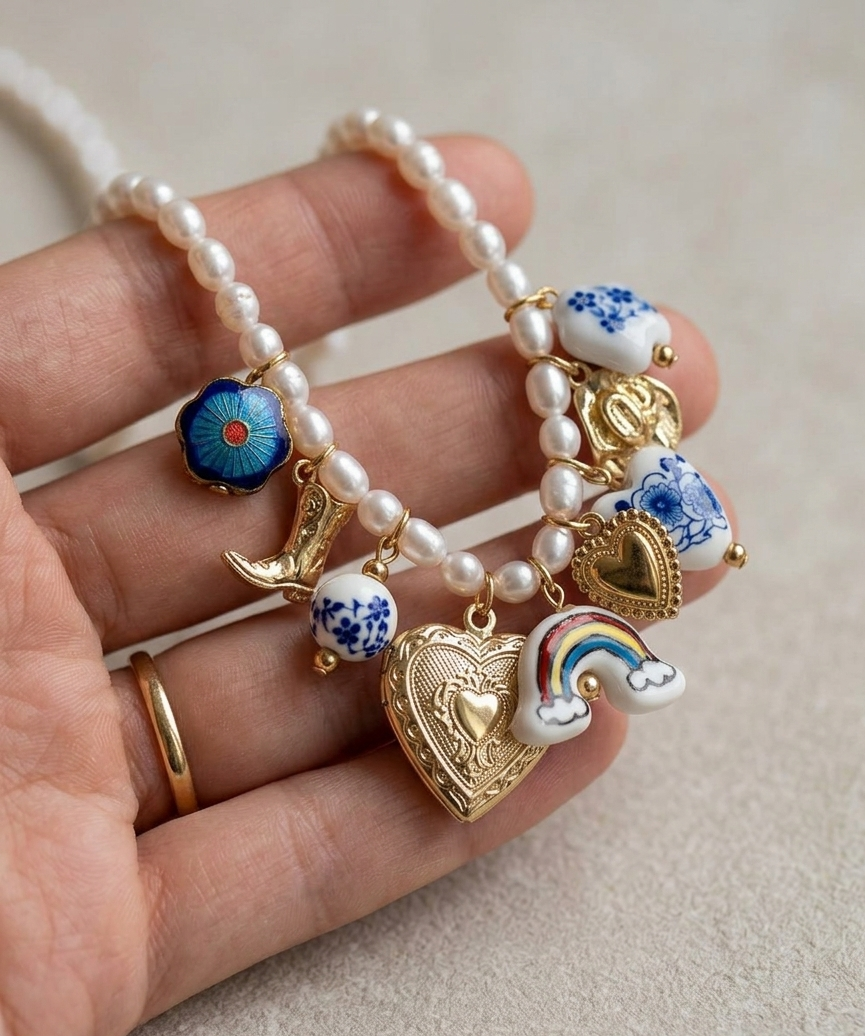 Blue floral boho pearl and ceramic charm necklace from CloudRaspberry Studio with cowboy charms, perfect as a set or separate.