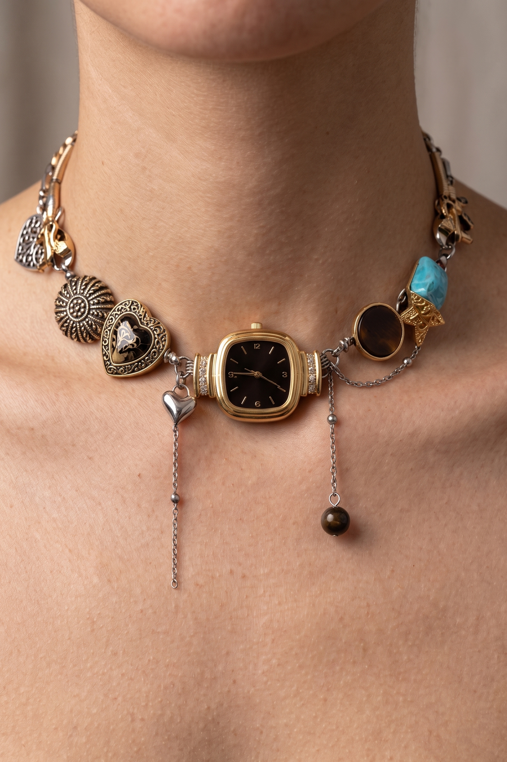 Boho black vintage whimsical watch choker necklace with square pendant and black or red dial by CloudRaspberry Studio