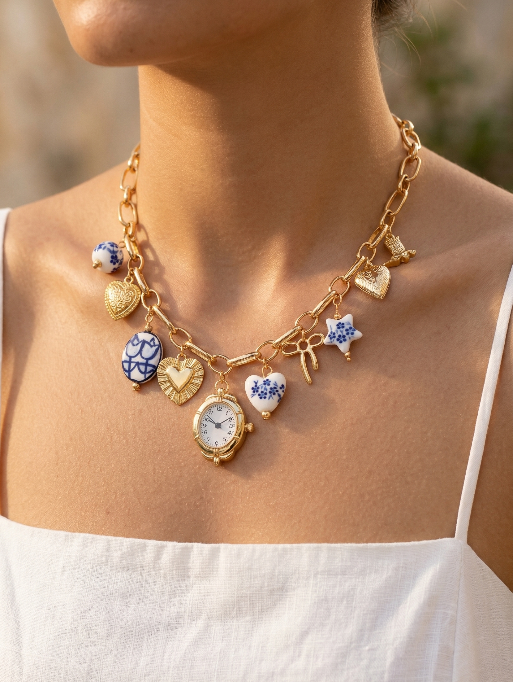 Blue ceramic faux watch charm necklace and bracelet set by CloudRaspberry Studio featuring gold porcelain accents.