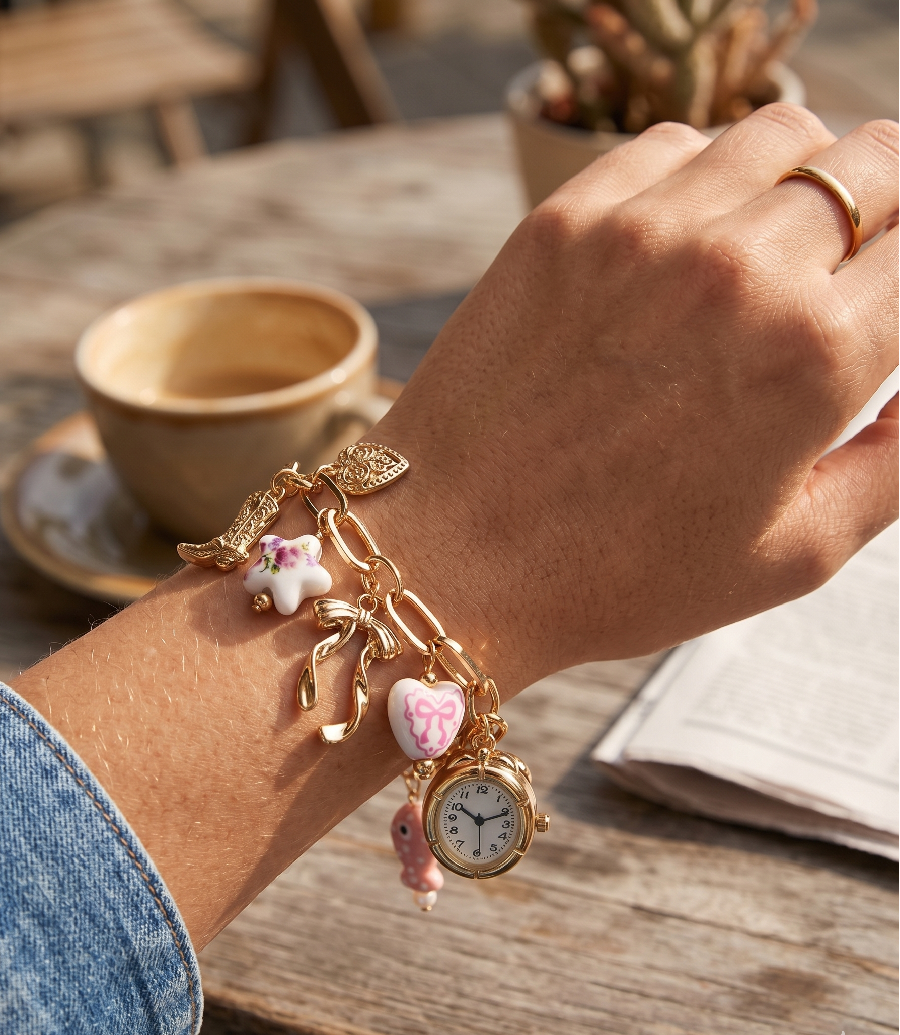 Pink ceramic watch charm necklace and bracelet set with gold floral fish and bow accents by CloudRaspberry Studio.