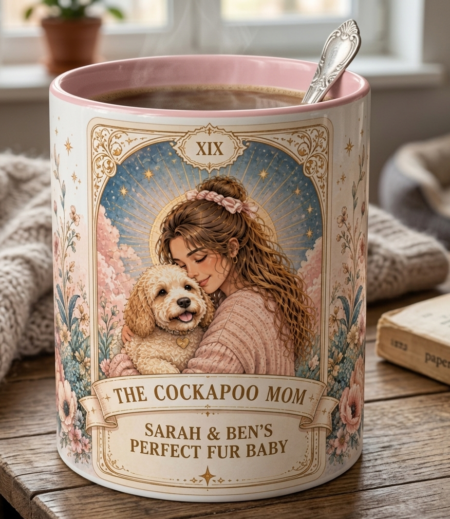 Personalized 'The Cockapoo Mom' floral tarot-style coffee mug with custom text, 11oz size, featuring a dog mom design.